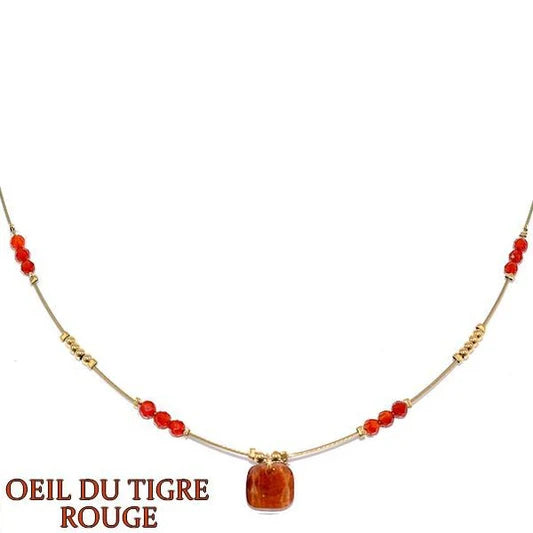 Collier pour femme acier & pierre - Oeil du tigre rouge - Perles rouge
