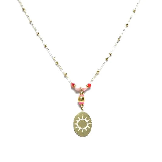Collier pour femme - pendentif soleil - acier pierre naturelle - Rhodonite