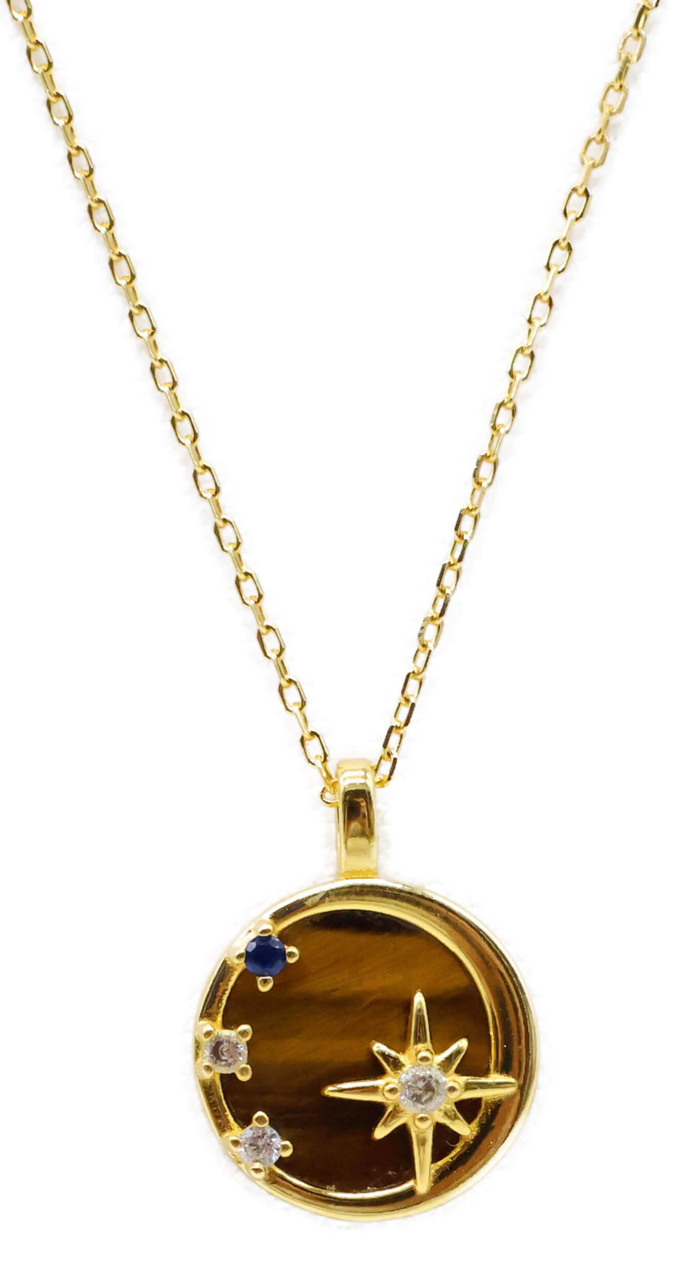 Collier Argent 925 Oeil de Tigre & Etoiles - Plaquage Or