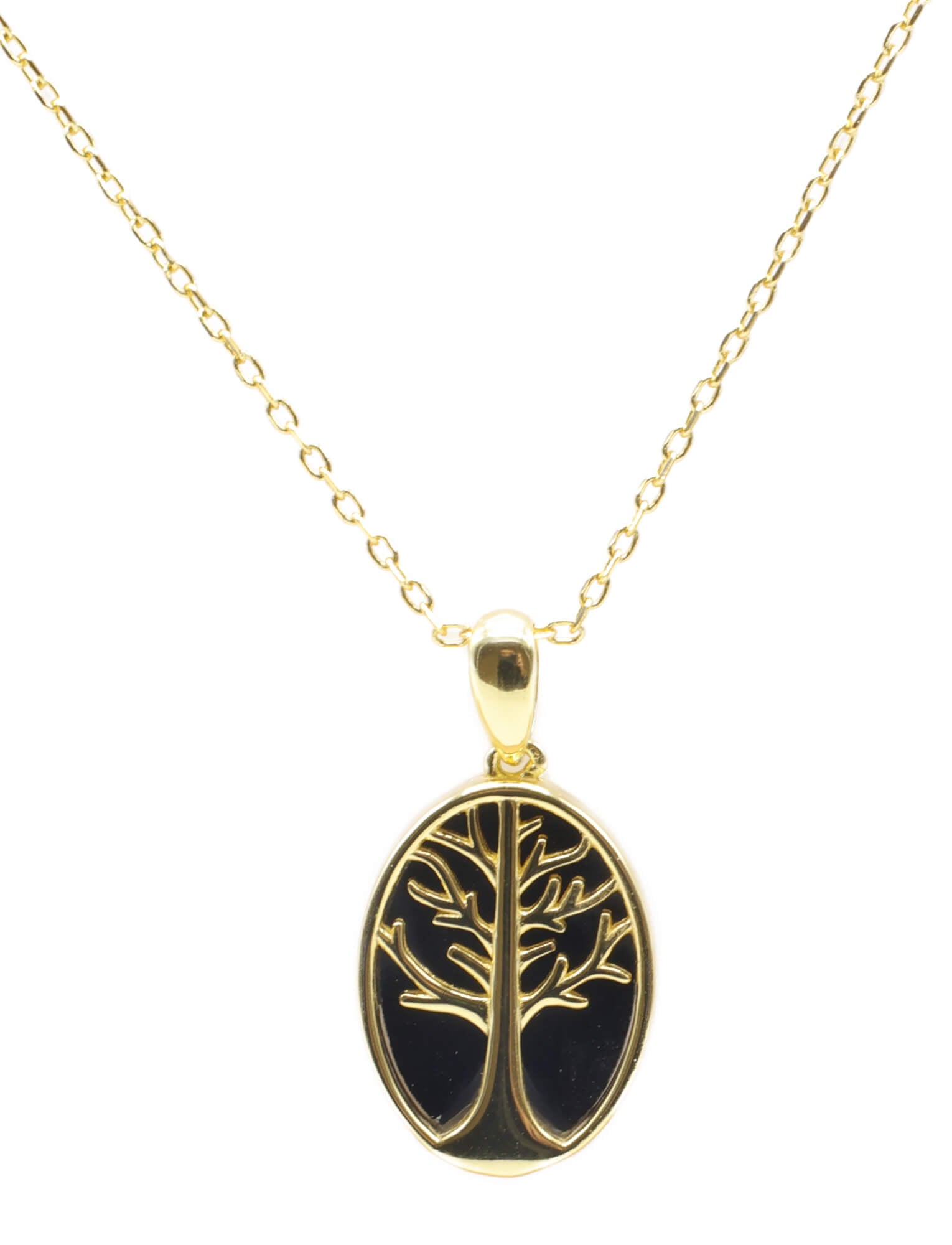 Collier Argent 925 Onyx & Arbre de Vie - Plaquage Or