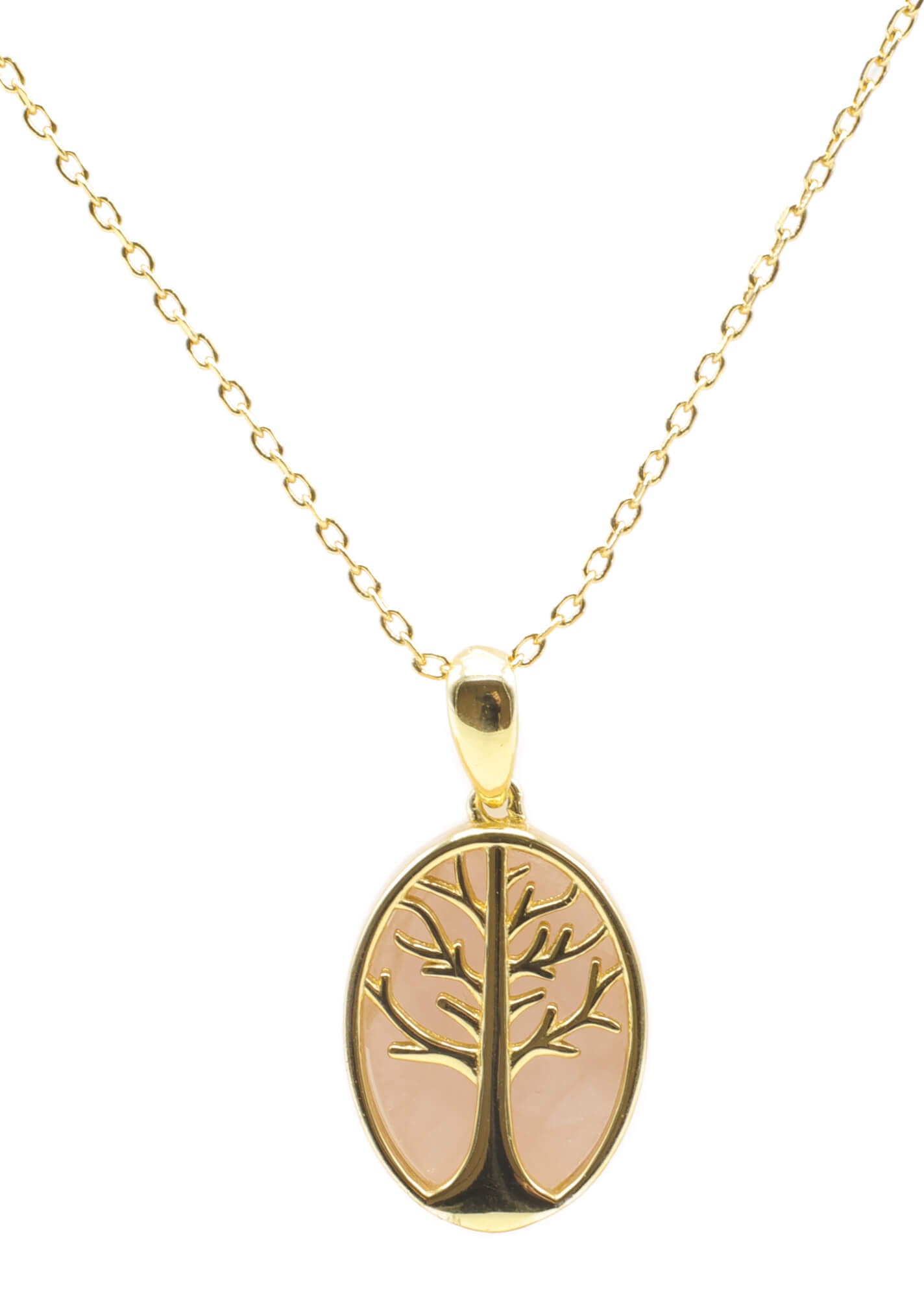 Collier Argent 925 Quartz Rose & Arbre de Vie - Plaquage Or