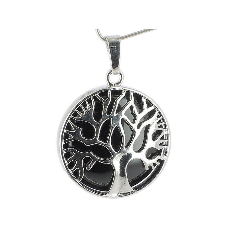 Agate Noire Pendentif Arbre de Vie Pierre cabochon rond 25mm et Métal Argenté