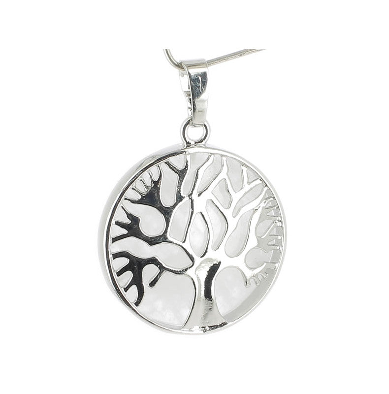 Cristal de Roche Pendentif Arbre de Vie Pierre Cabochon Rond 25mm et Métal Argenté