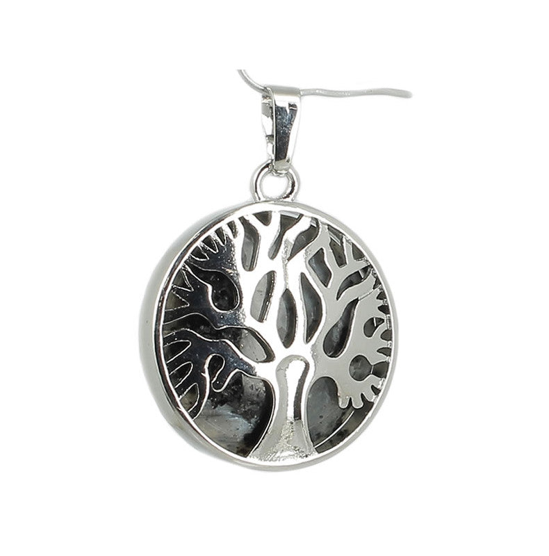 Labradorite Pendentif Arbre de Vie Pierre Cabochon Rond 25mm et Métal Argenté