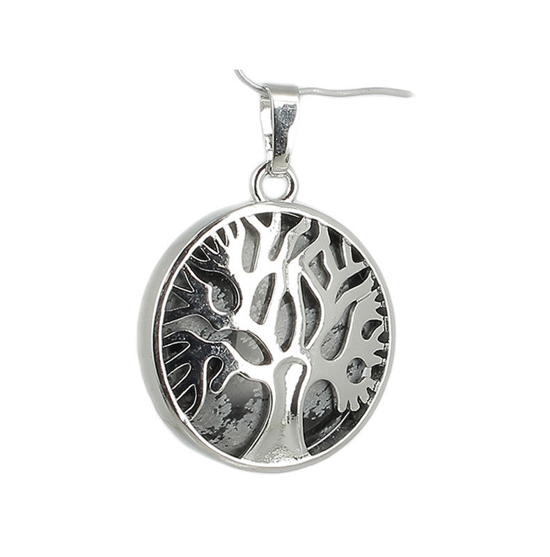 Obsidienne Neige Pendentif Arbre de Vie Pierre Cabochon Rond 25mm et Métal Argenté