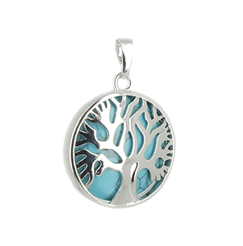 Turquoise Sinkiang Pendentif Arbre de Vie Pierre Cabochon Rond 25mm et Métal Argenté