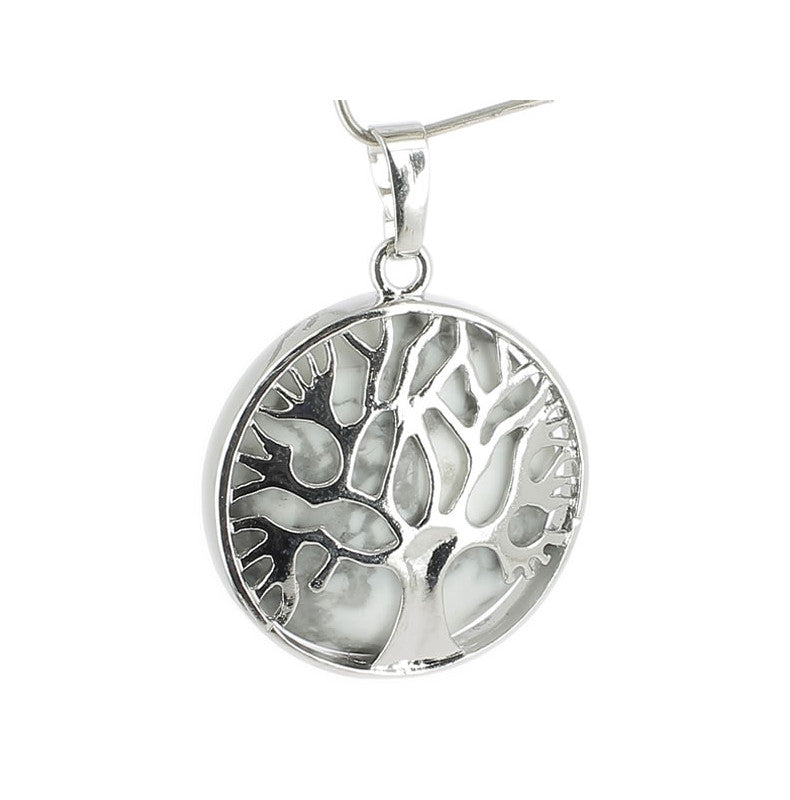 Howlite Pendentif Arbre de Vie Pierre Cabochon Rond 25mm et Métal Argenté