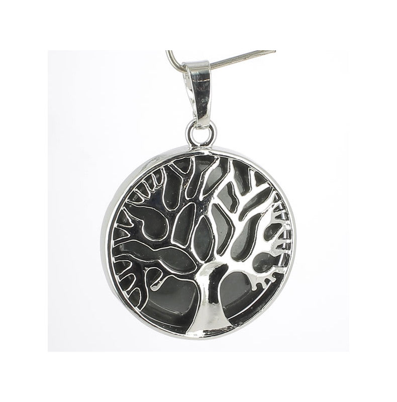Obsidienne Oeil Céleste Pendentif Arbre de Vie Pierre Cabochon Rond 25mm et Métal Argenté