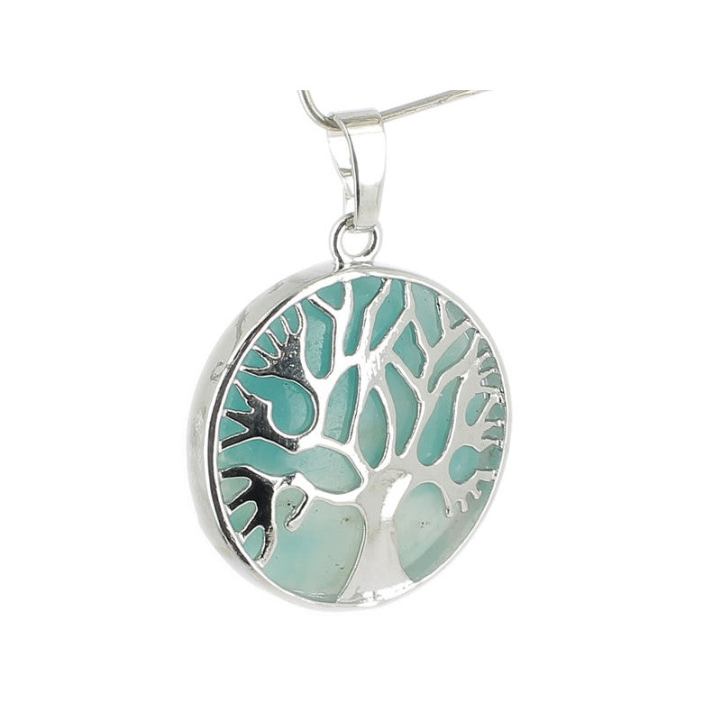 Amazonite Pendentif Arbre de Vie Pierre Cabochon Rond 25mm et Métal Argenté