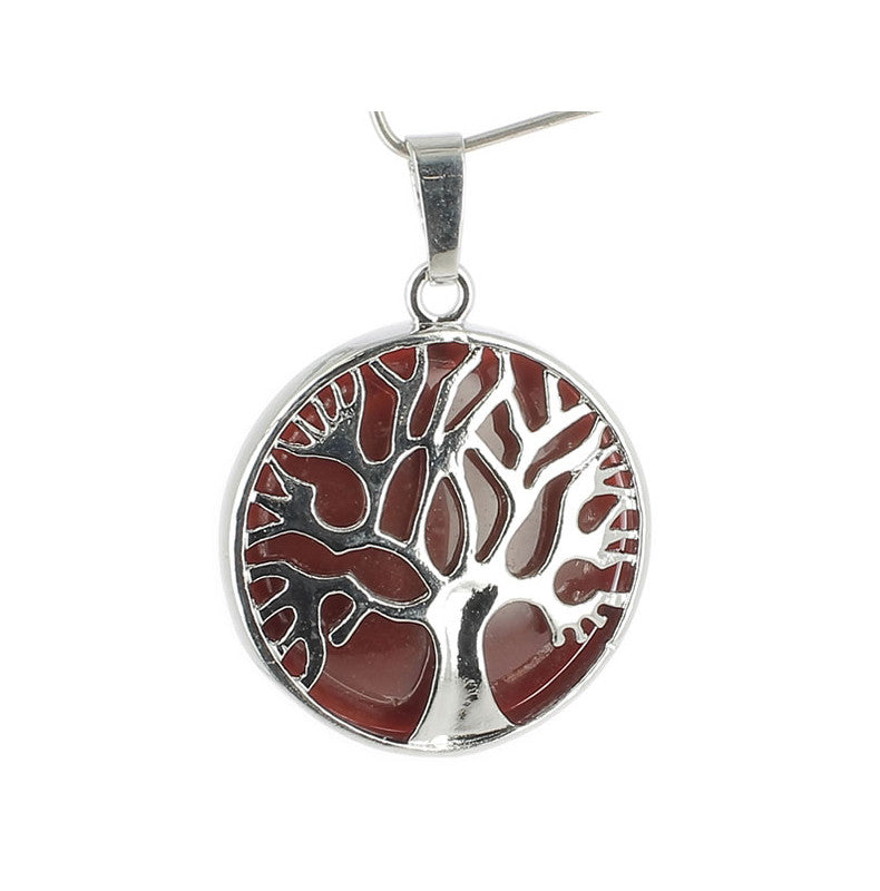 Cornaline Pendentif Arbre de Vie Pierre Cabochon Rond 25mm et Métal Argenté