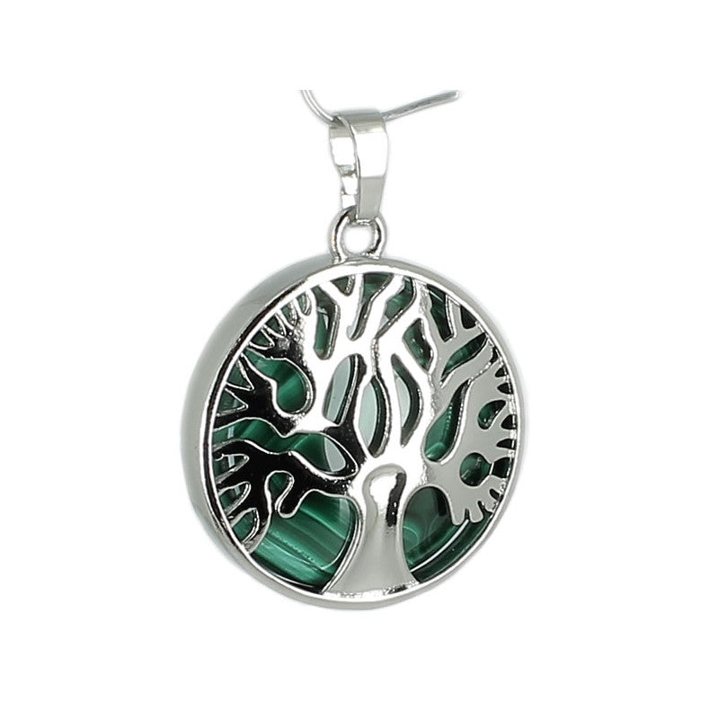 Malachite Pendentif Arbre de Vie Pierre Cabochon Rond 25mm et Métal Argenté