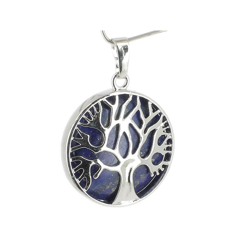 Lapis Lazuli Pendentif Arbre de Vie Pierre Cabochon Rond 25mm et Métal Argenté