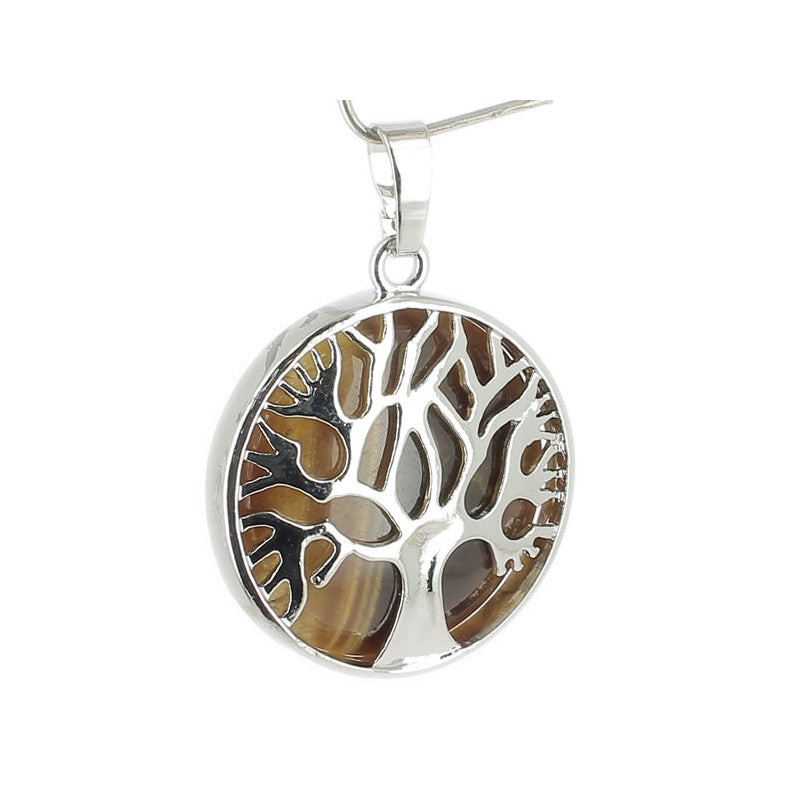 Oeil de Tigre Pendentif Arbre de Vie Pierre Cabochon Rond 25mm et Métal Argenté