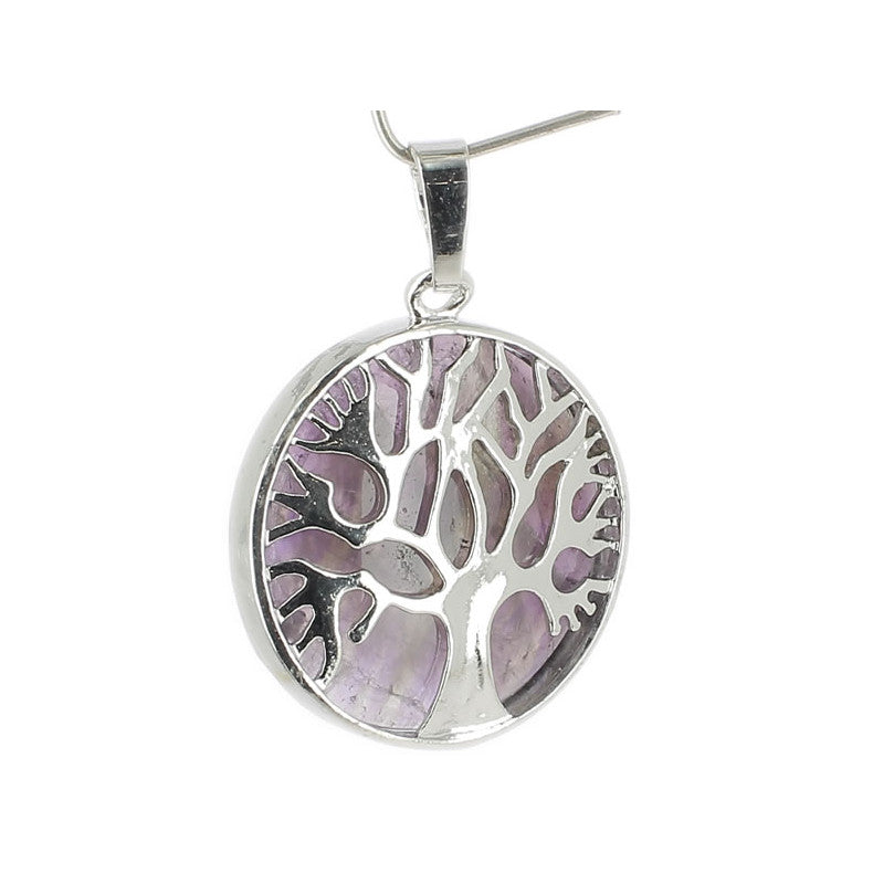 Améthyste Pendentif Arbre de Vie Pierre Cabochon Rond 25mm et Métal Argenté