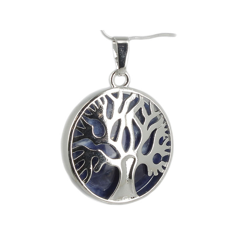 Sodalite Pendentif Arbre de Vie Pierre Cabochon Rond 25mm et Métal Argenté