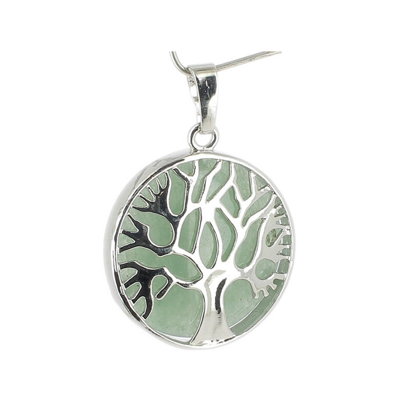 Aventurine Verte Pendentif Arbre de Vie Pierre Cabochon Rond 25mm et Métal Argenté