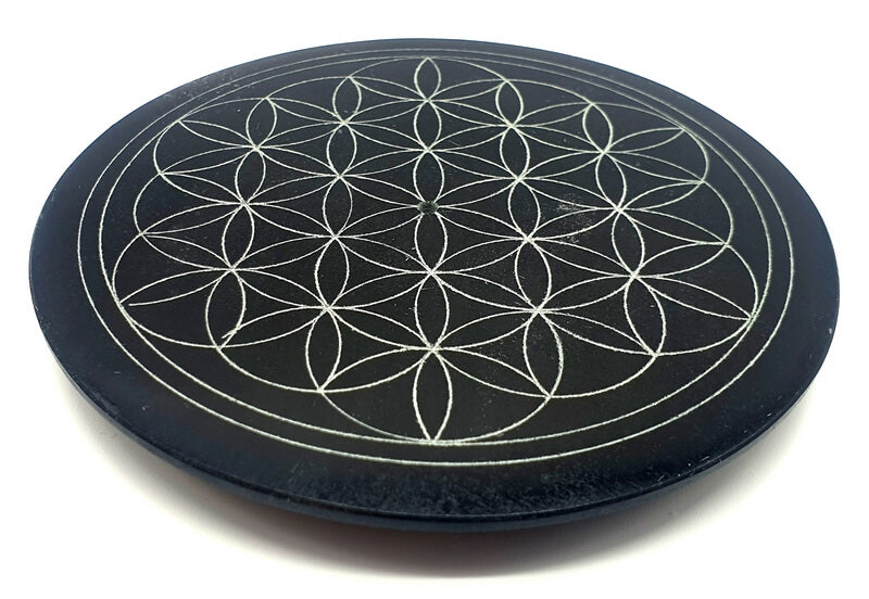 Porte-Encens Pierre Rond Noir Fleur de Vie - 10cm