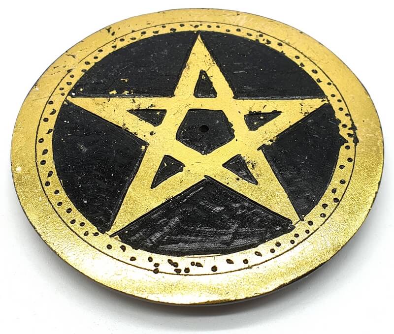 Porte-Encens Pierre Rond Pentacle Doré - 10cm